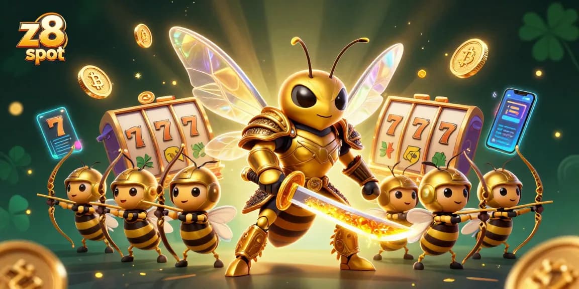Experience vibrant action with z8 slot reels and golden hornet samurai amid digital gambling excitement.
