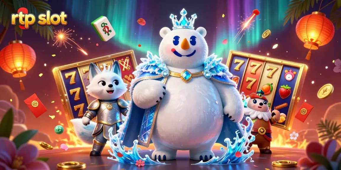 Engage with rtp slot strategies through a vibrant 3D casino scene featuring characters, reels, and symbols.