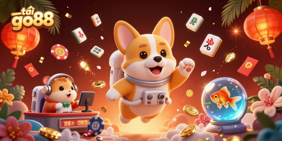 Experience the thrill of tải go88 in a vibrant casino scene with a floating astronaut corgi and dynamic game elements.