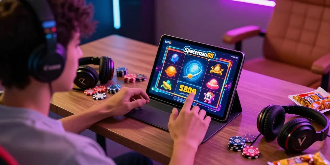 Player engaging with Spaceman88 online slots, showcasing vibrant graphics and gaming setup.