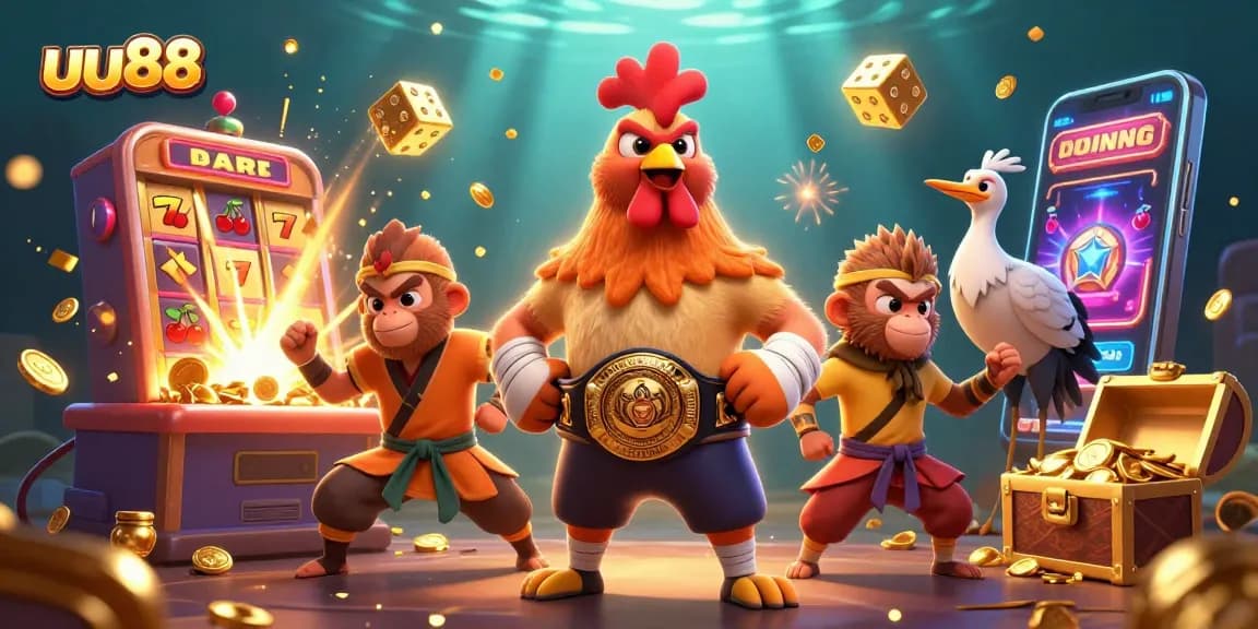 Experience excitement and rewards with uu88's vibrant casino atmosphere showcasing animated characters and games.