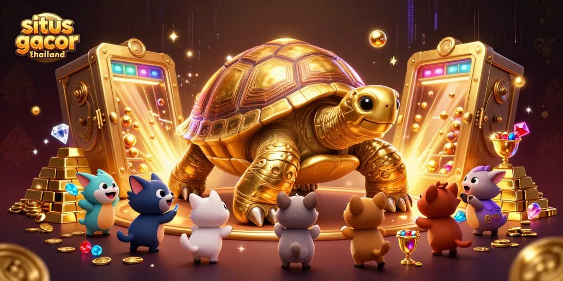 Engage with situs gacor thailand's thrilling slots, featuring a golden tortoise pinball machine and vibrant treasures.