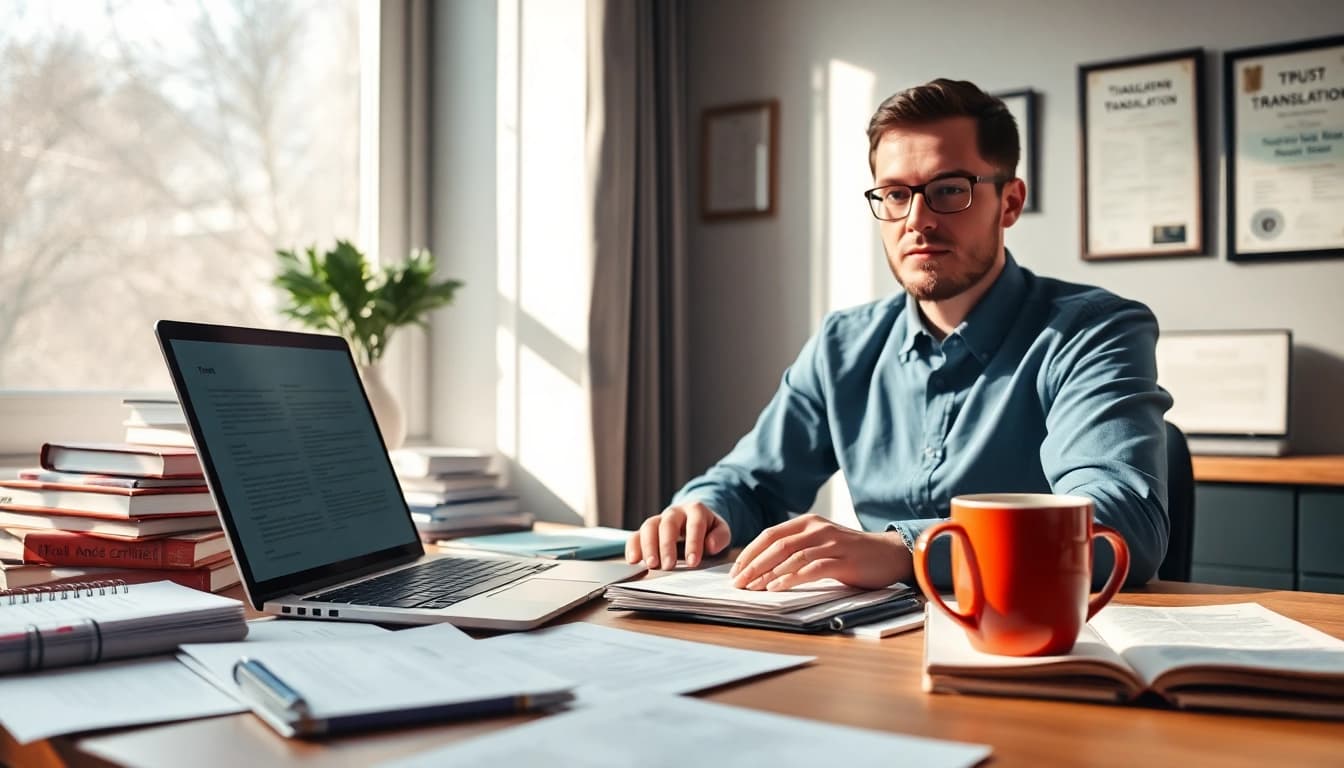 Professional translator working on authorized translations with documents and laptop.