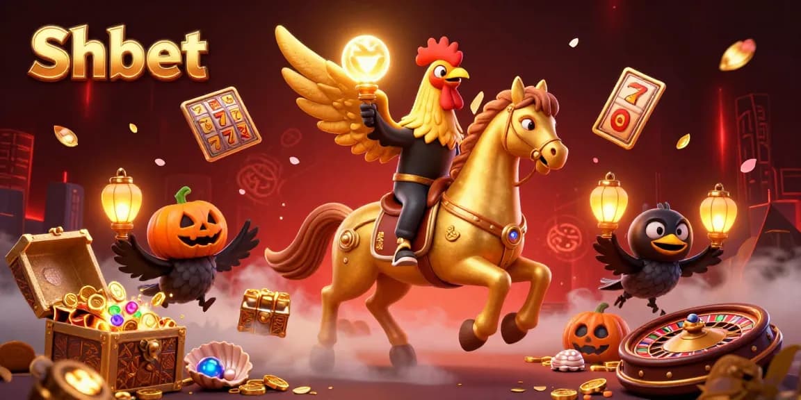 Experience Shbet's golden rooster riding a spectral horse in an action-packed casino scene.