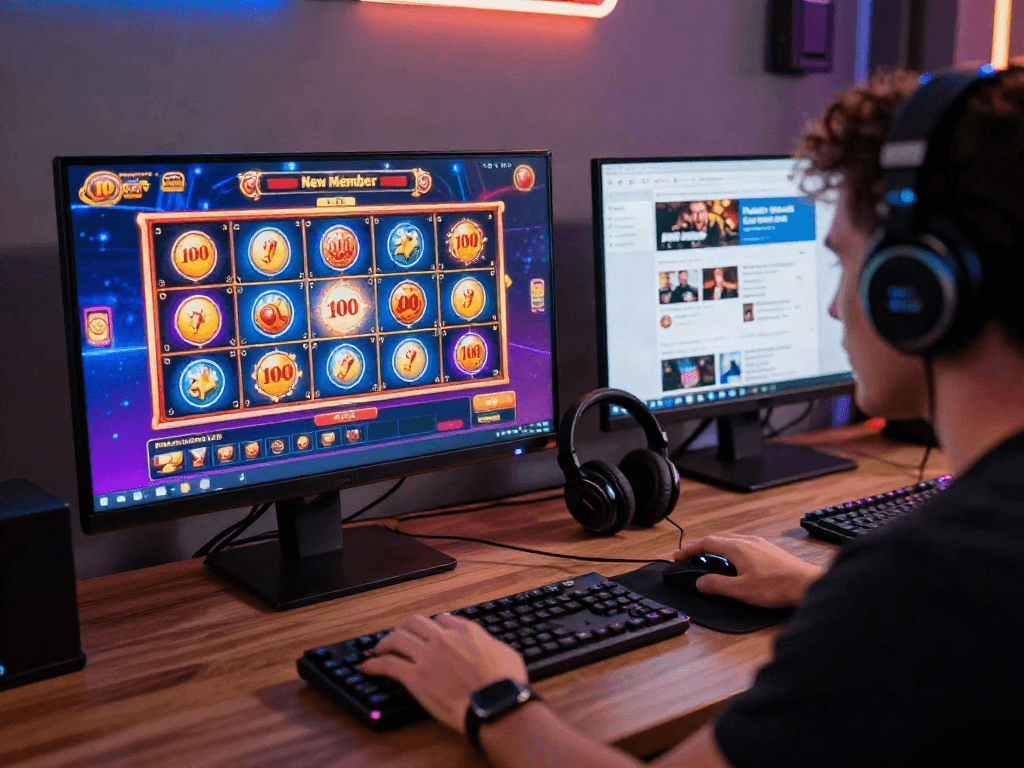 Exciting online gambling setup showing slot bonus new member 100 on screen with vibrant slot graphics