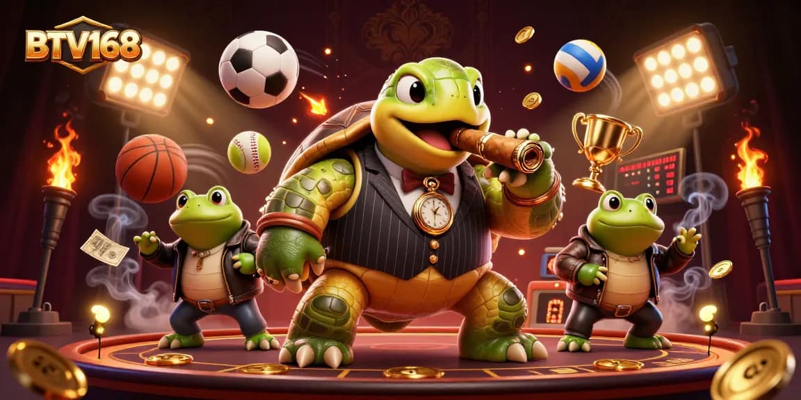BTV168 showcases a dynamic casino scene with a turtle in a mobster suit and bullfrogs!