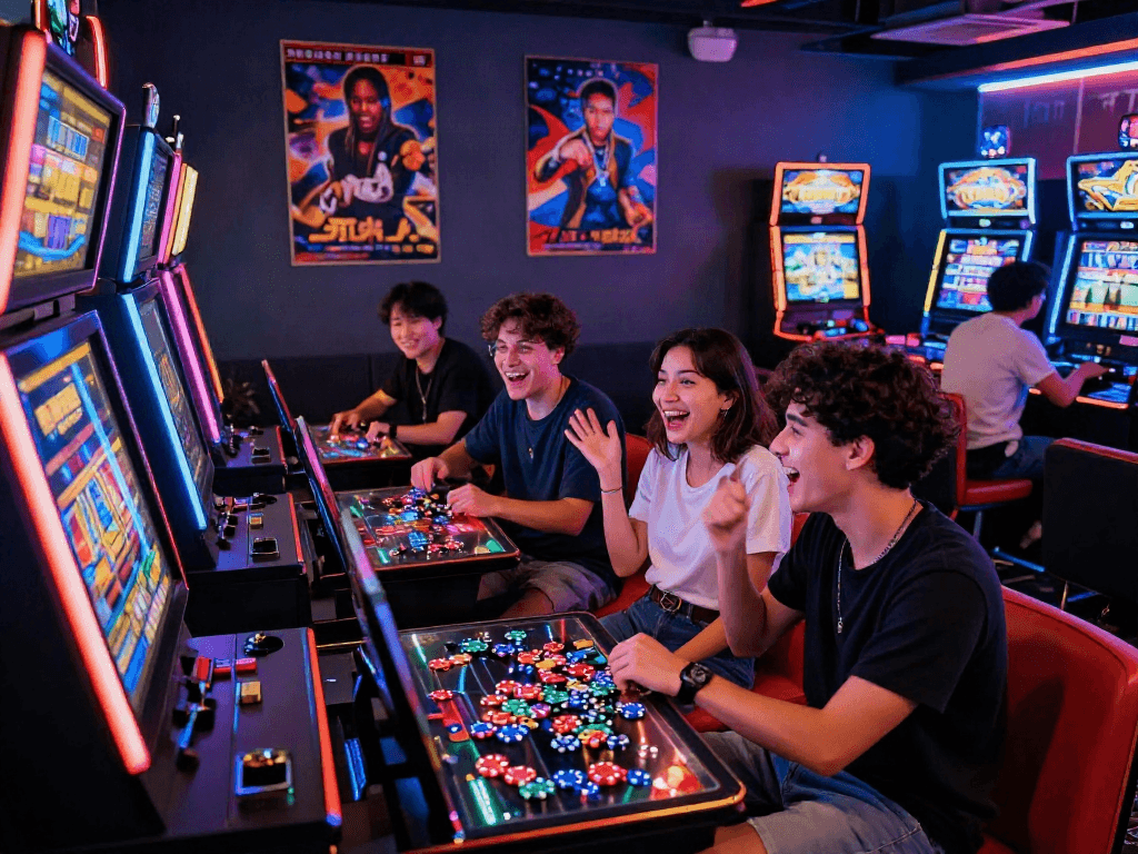Engaging friends enjoying the slot jepang gaming experience in a lively lounge.