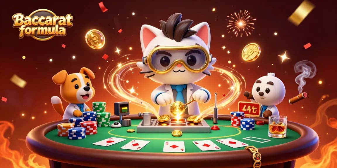 Winning Baccarat formula illustrated through a 3D playful scene involving gambling elements and characters.