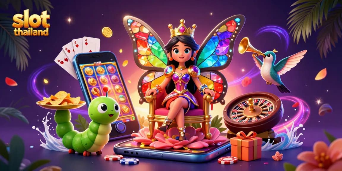 Mengalami slot thailand dengan ilustrasi 3D yang penuh warna dan elemen permainan kasino yang menarik.