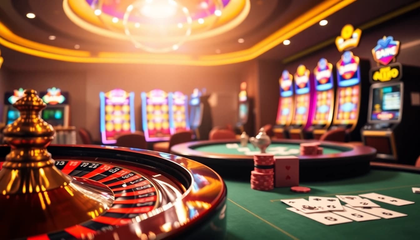 Scène captivante de casino en ligne fiable mettant en avant la roulette, le poker et les machines à sous.