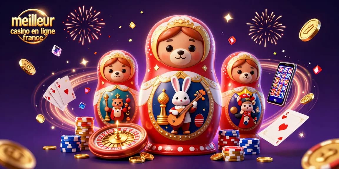 Jouez au meilleur casino en ligne en France avec une ambiance festive et des ours matriochkas.