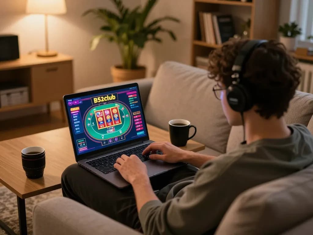 B52club online gaming session on laptop at cozy home setting, highlighting strategic gameplay and engagement