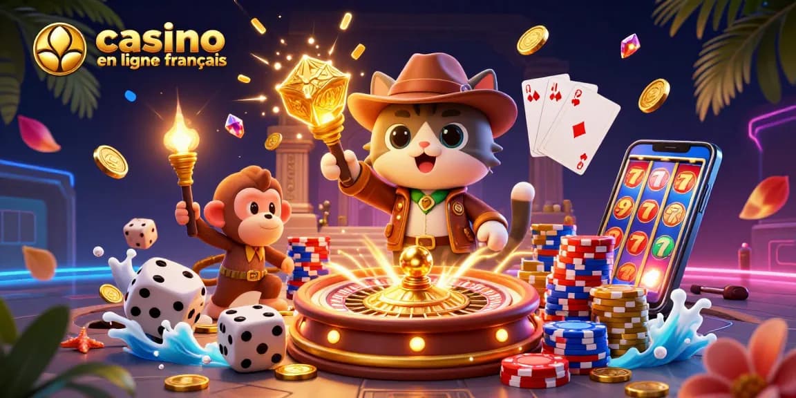 Jouer au casino en ligne français avec des roulettes, des cartes et des pièces d'or qui volent autour.