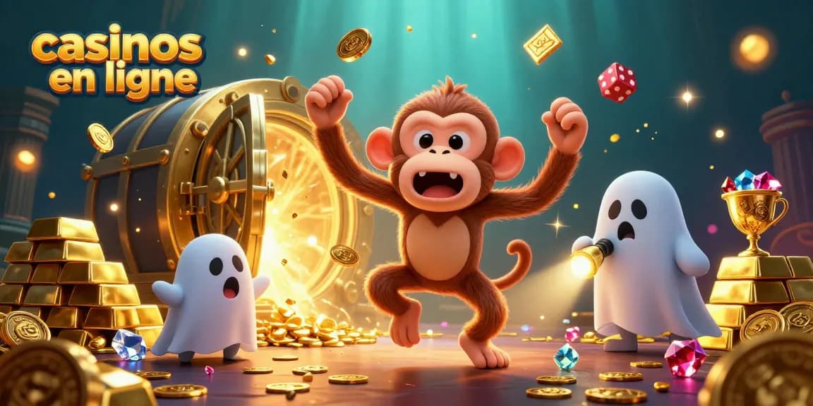 Explorez les casinos en ligne avec un esprit espiègle jonglant des objets d'or au milieu d'un casino hanté.