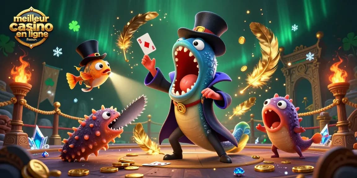 Illustration dynamique de "meilleur casino en ligne france" avec des personnages marins réalisant des tours de magie tout en jouant pour gagner.
