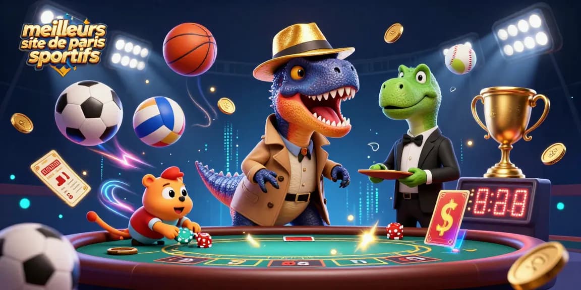 Visualisez les meilleurs sites de paris sportifs avec un vélociraptor mystificateur et d'autres personnages au casino.