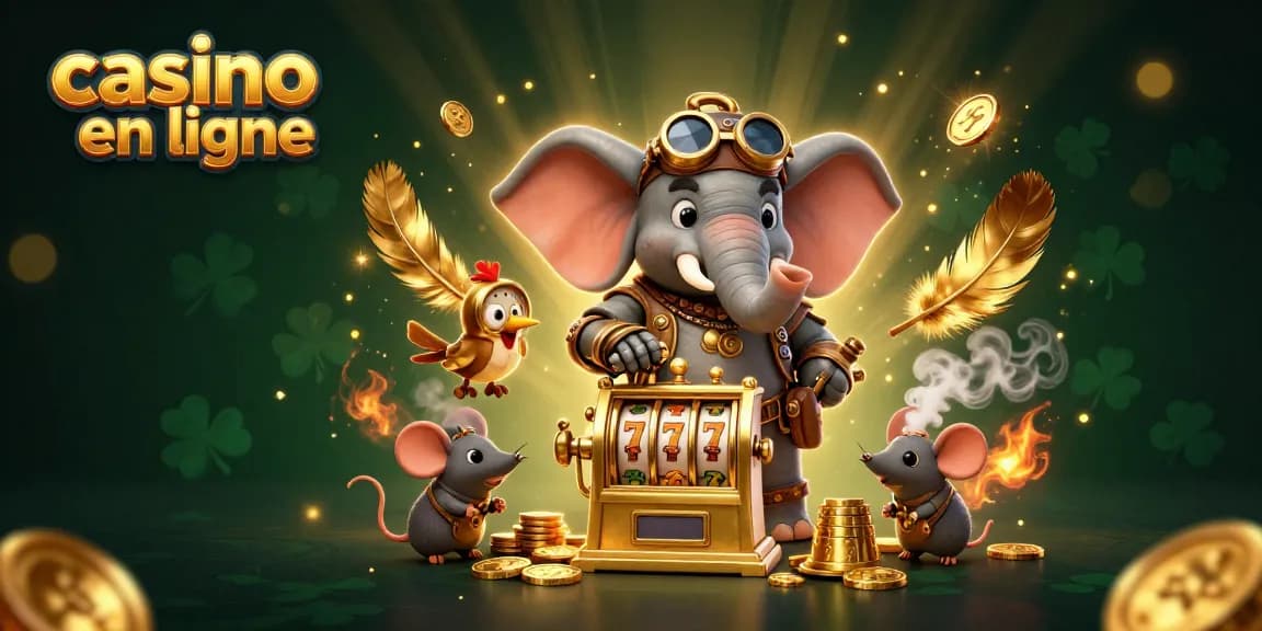 Les éléments de casino en ligne s'animent avec un éléphant steampunk à la machine à sous, ajoutant des pièces d'or.