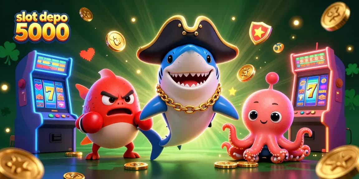 Win big at slot depo 5000 with an exciting 3D illustration capturing vibrant characters and casino gameplay.