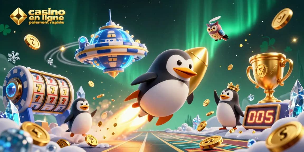 Vivez l'expérience du casino en ligne paiement rapide avec un pingouin doré propulsé par fusée et des éléments de jackpot.