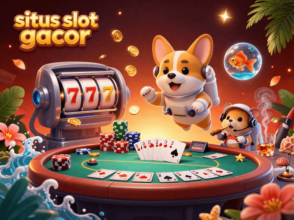 Situs slot gacor illustration with a vibrant casino scene featuring a space-themed corgi and dynamic gaming elements.