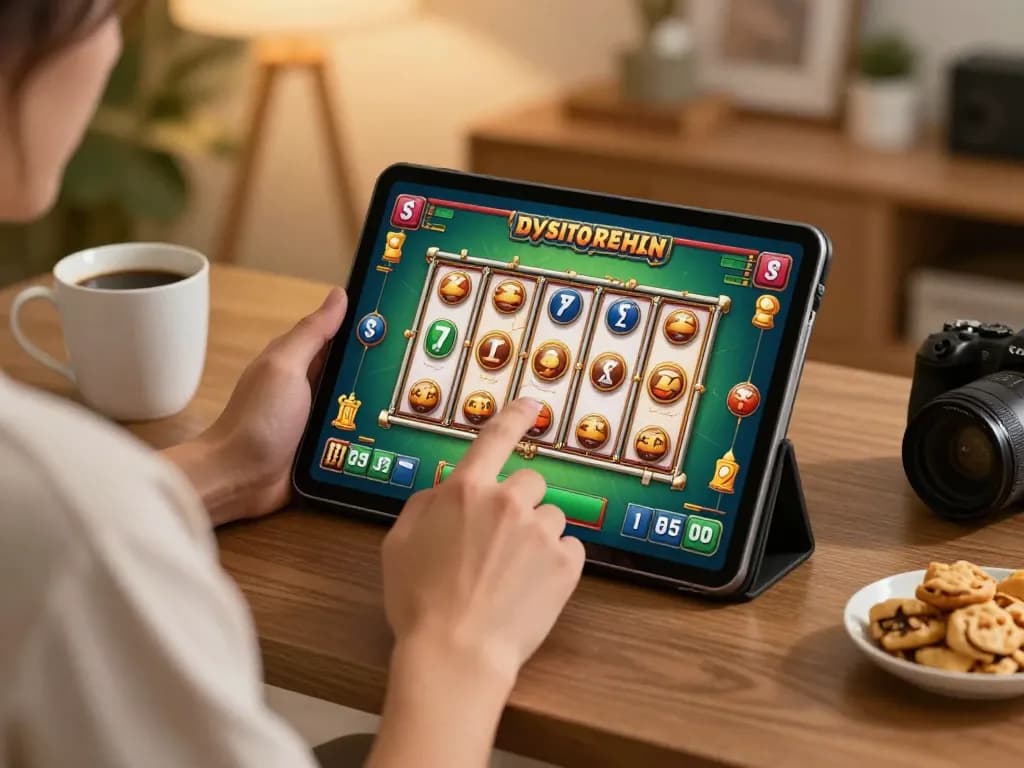Enjoying slot Mahjong gameplay on a tablet with vibrant graphics in a cozy home setting
