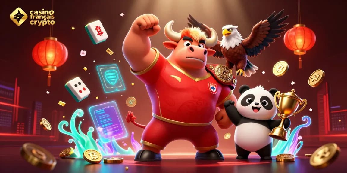 Illustration colorée d'un casino français crypto avec un taureau, un aigle et un panda.