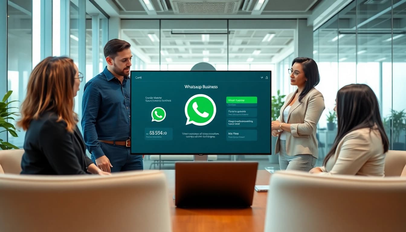 Illustration of a team exploring WhatsApp Business CRM features in a modern office setting.
