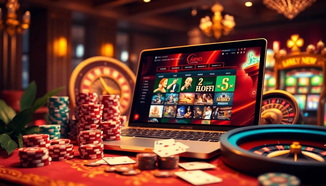 Découvrez un casino en ligne fiable avec un cadre de jeu en ligne luxueux présentant des jetons de poker, des cartes et une roue de la roulette.