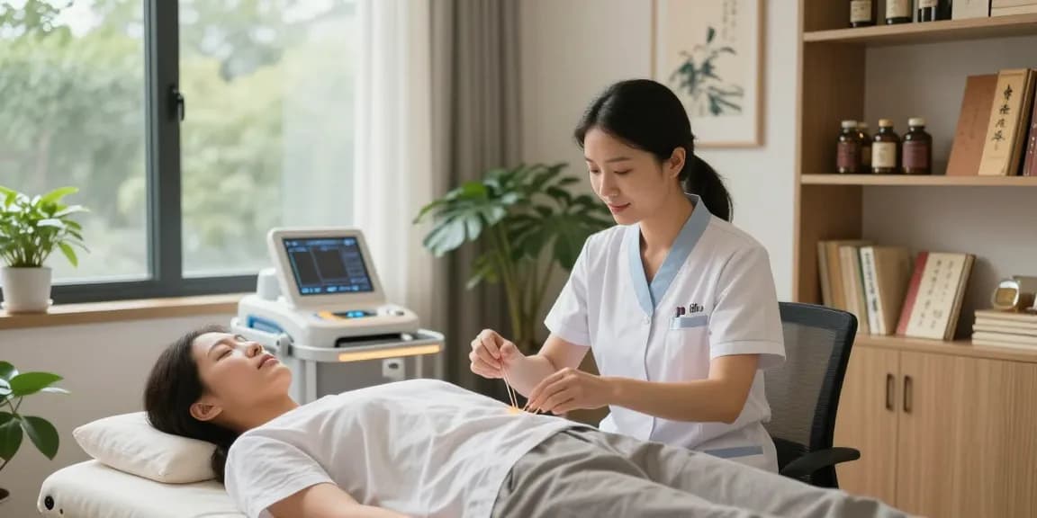 Patient receiving treatment from experienced acupuncturist at 수원한의원, serene clinic environment.