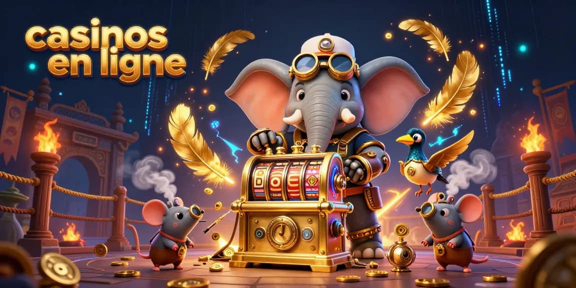 Plongez dans l'univers des casinos en ligne avec cet éléphant steampunk maniant une machine à sous dorée, entouré d'éléments de jeu dynamiques.