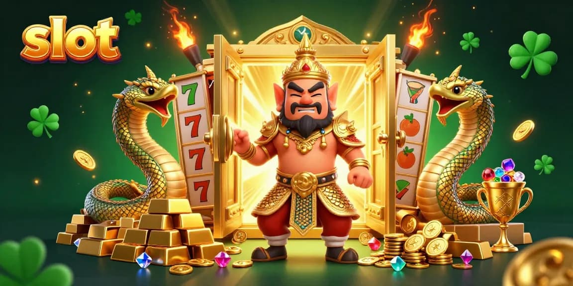 Menangkan slot jackpot dengan karakter penjaga kuil dan naga bersinar, simbol serta harta berlimpah.