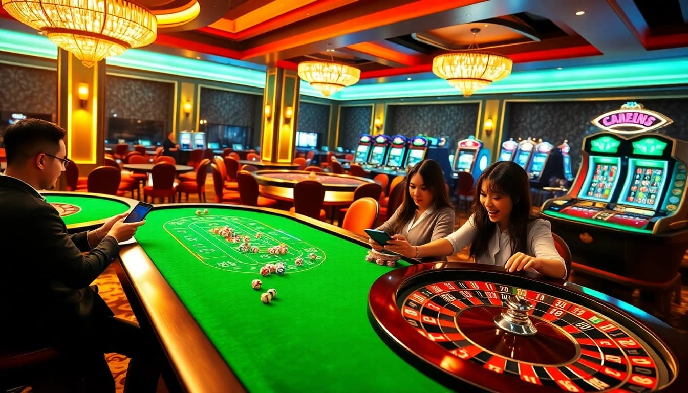 Experience the thrill of ev88 with vibrant casino tables, slot machines, and excited players.