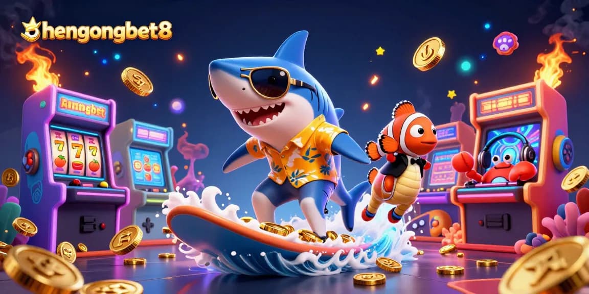 Engage with hengongbet8 and experience a vibrant scene of a shark surfing on gold coins in a lively casino atmosphere.