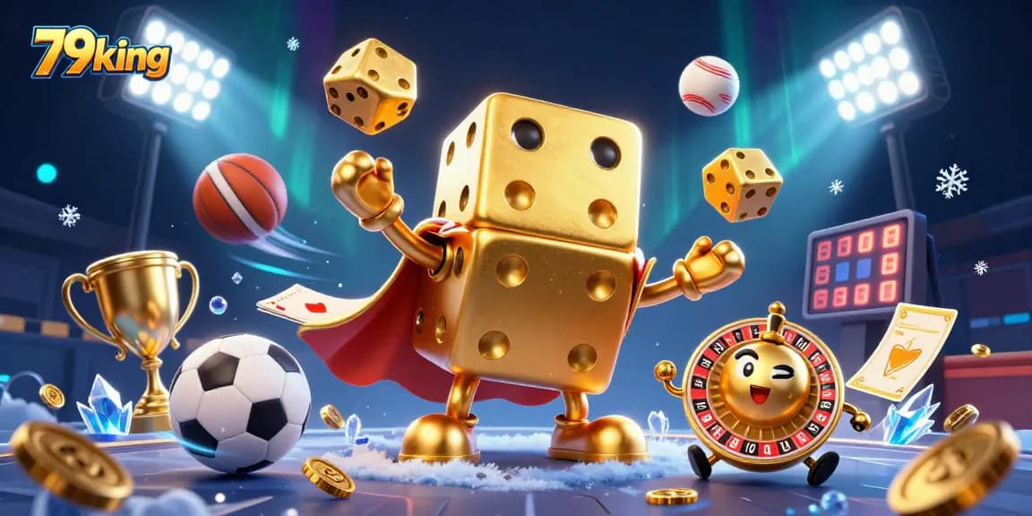 79king deals winning hands with a golden dice golem and sports elements in an electrifying casino scene.