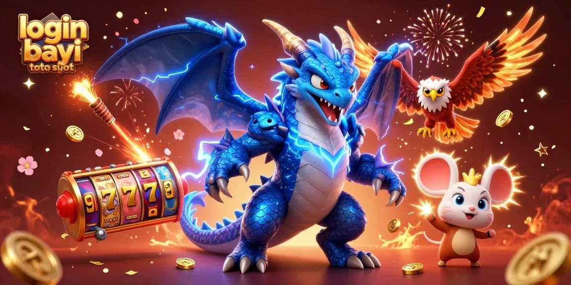 Spin to win at login bayi toto slot with a vibrant 3D casino scene featuring mystical creatures and slot elements.