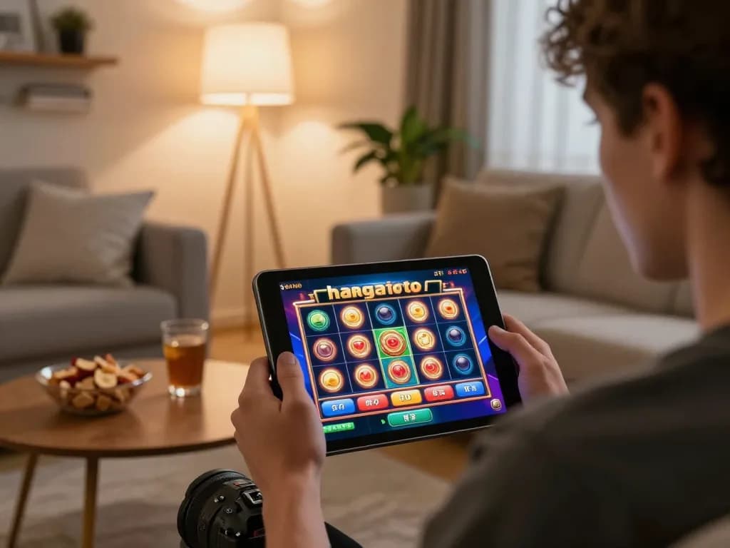 Player enjoying hargatoto slot game on tablet in cozy living room, showcasing home gaming experience.