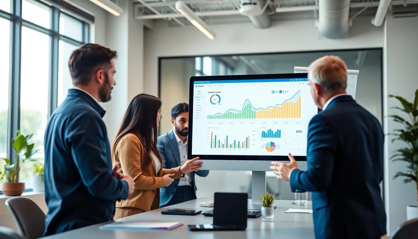 Analyze SEO performance trends with a diverse team in a modern office setting.