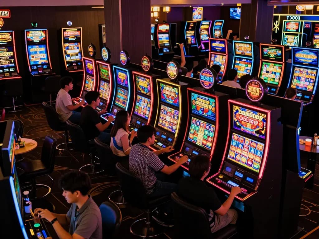 Players enjoying vibrant slots at a slot server thailand gacor casino, celebrating wins with excitement.