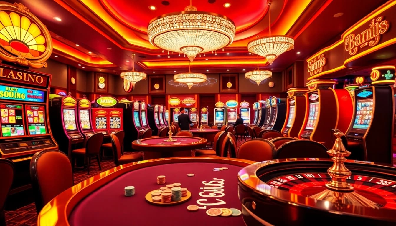 Une vue captivante d'un casino en ligne fiable, featuring des tables vibrantes et des jetons de poker colorés.