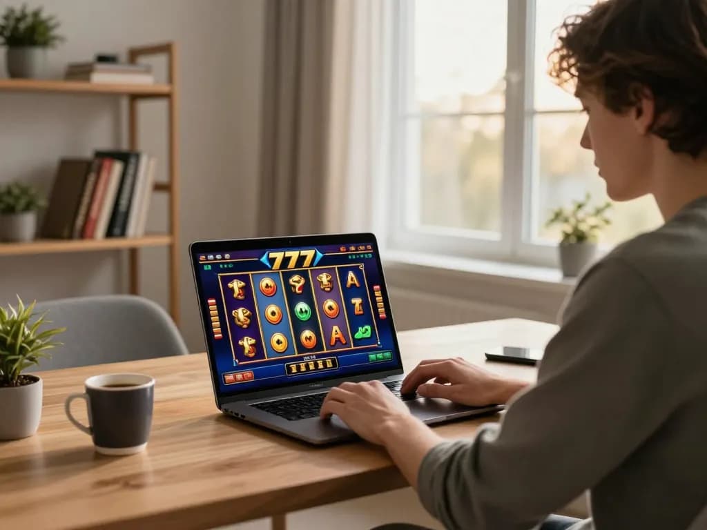 Engaging player enjoying slot777 on laptop in stylish home office, emphasizing online gaming experience.