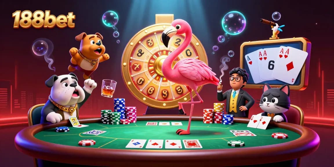 Engage with thrilling gambling action featuring 188bet's vibrant cartoon characters and dynamic casino elements.