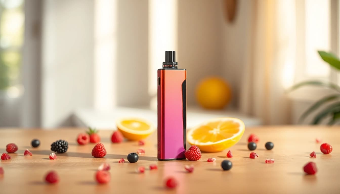 Faszination mit elf bar elfa: eleganter Vape umgeben von frischen Früchten.
