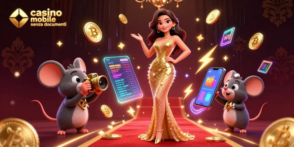 Scopri l'emozione dei casino mobile senza documenti in questa vivace illustrazione 3D con elementi di gioco in criptovaluta.