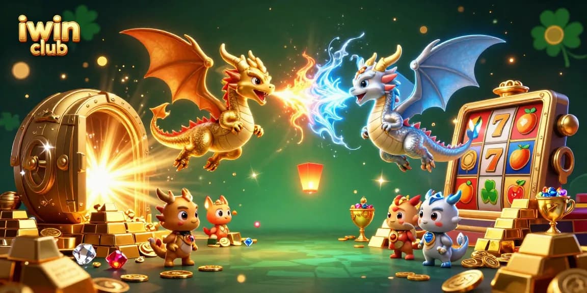 iwin club features dazzling slot reels with dragon-themed characters flying amidst treasures in a lively casino scene