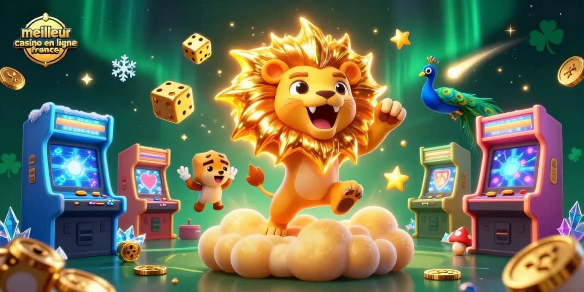 Illustration dynamique du meilleur casino en ligne France avec un lion en 3D et des dés dorés, évoquant l'excitation du jeu.