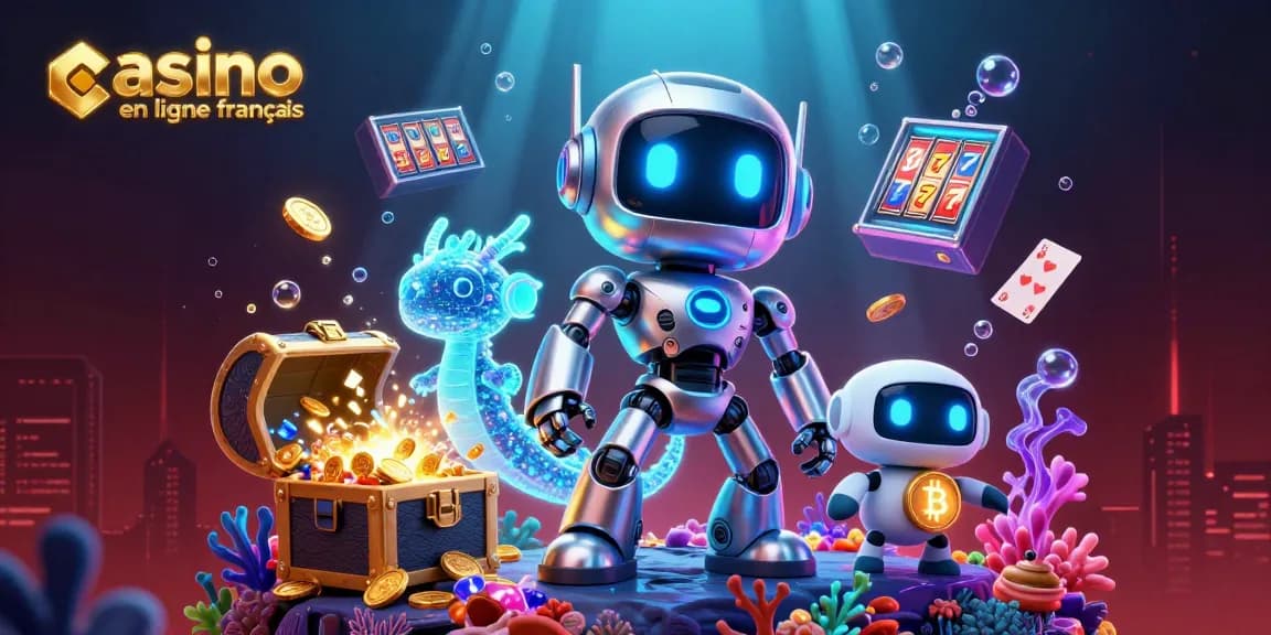 Profitez d'une illustration 3D captivante sur le casino en ligne français, où un robot cybernétique rencontre un dragon IA et des éléments de jeu fascinants.