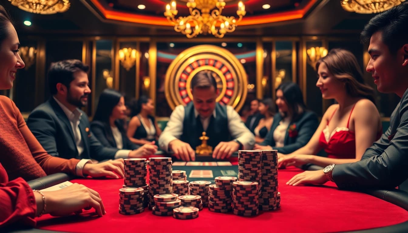 Scène de poker captivante dans un casino en ligne fiable avec des joueurs et des jetons empilés.