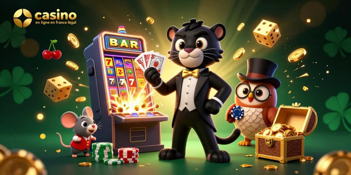 Jouer avec style sur un casino en ligne en France légal, une illustration dynamique de la chance avec des symboles de jeux.
