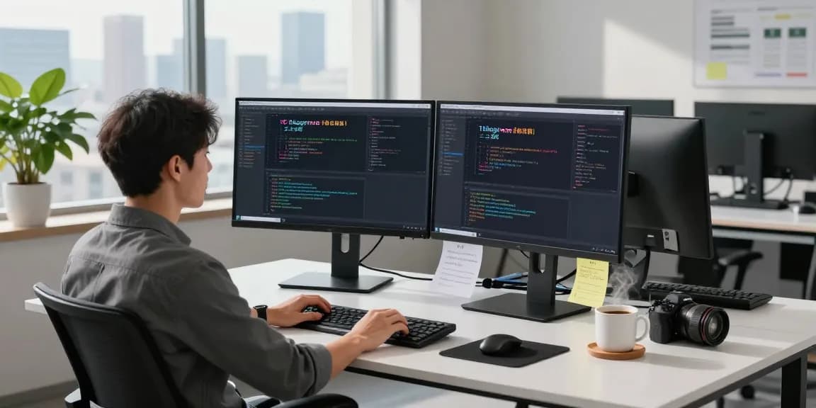 Working developer in a modern workspace focused on coding telegram中文版 application at dual monitors, enhancing productivity.