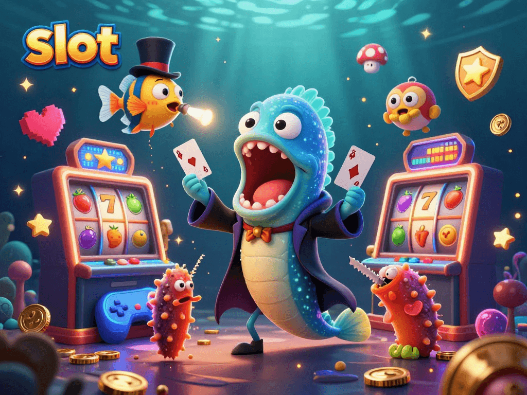 Engage in slot excitement with animated underwater creatures in a casino-themed scene.